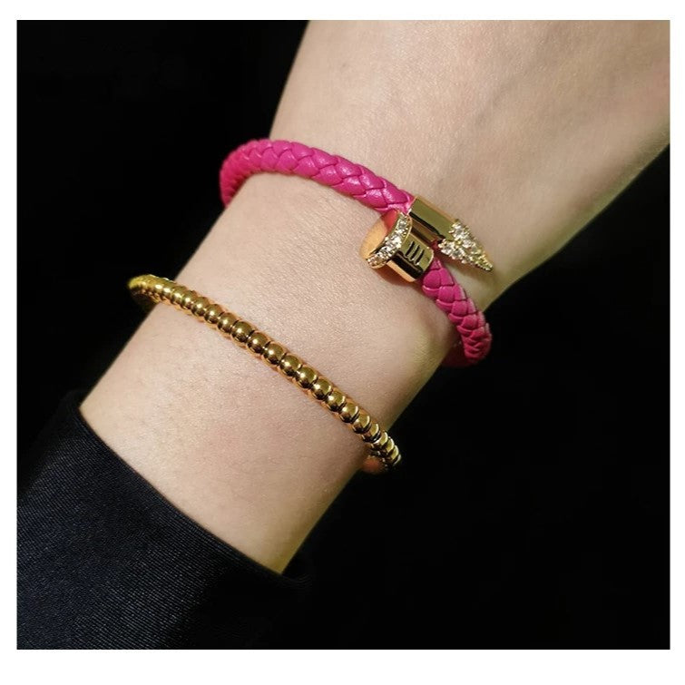 Luxury CZ Pave Leather Braided Nail Bracelet