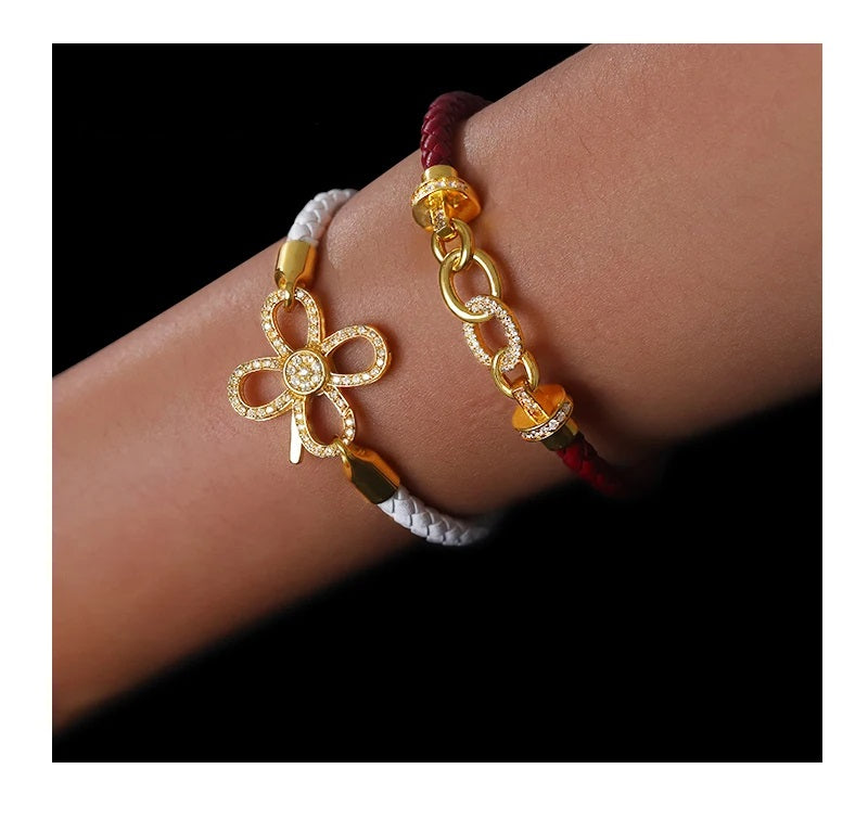 Cubic Zirconia Pave Gold Leather Bracelet