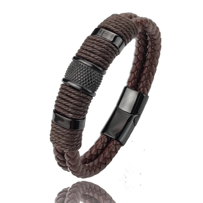 Double Leather & Stainless Steel Bracelet