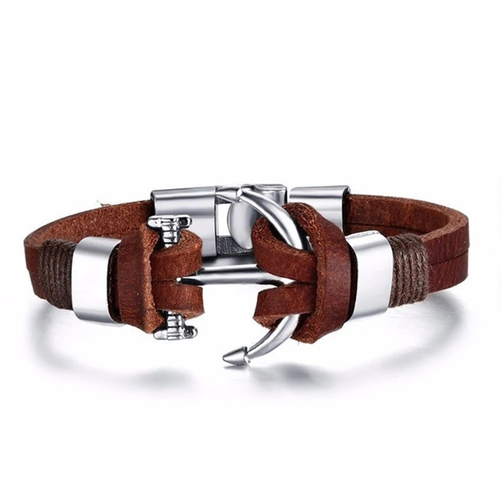 Brown Leather Anchor Bracelet